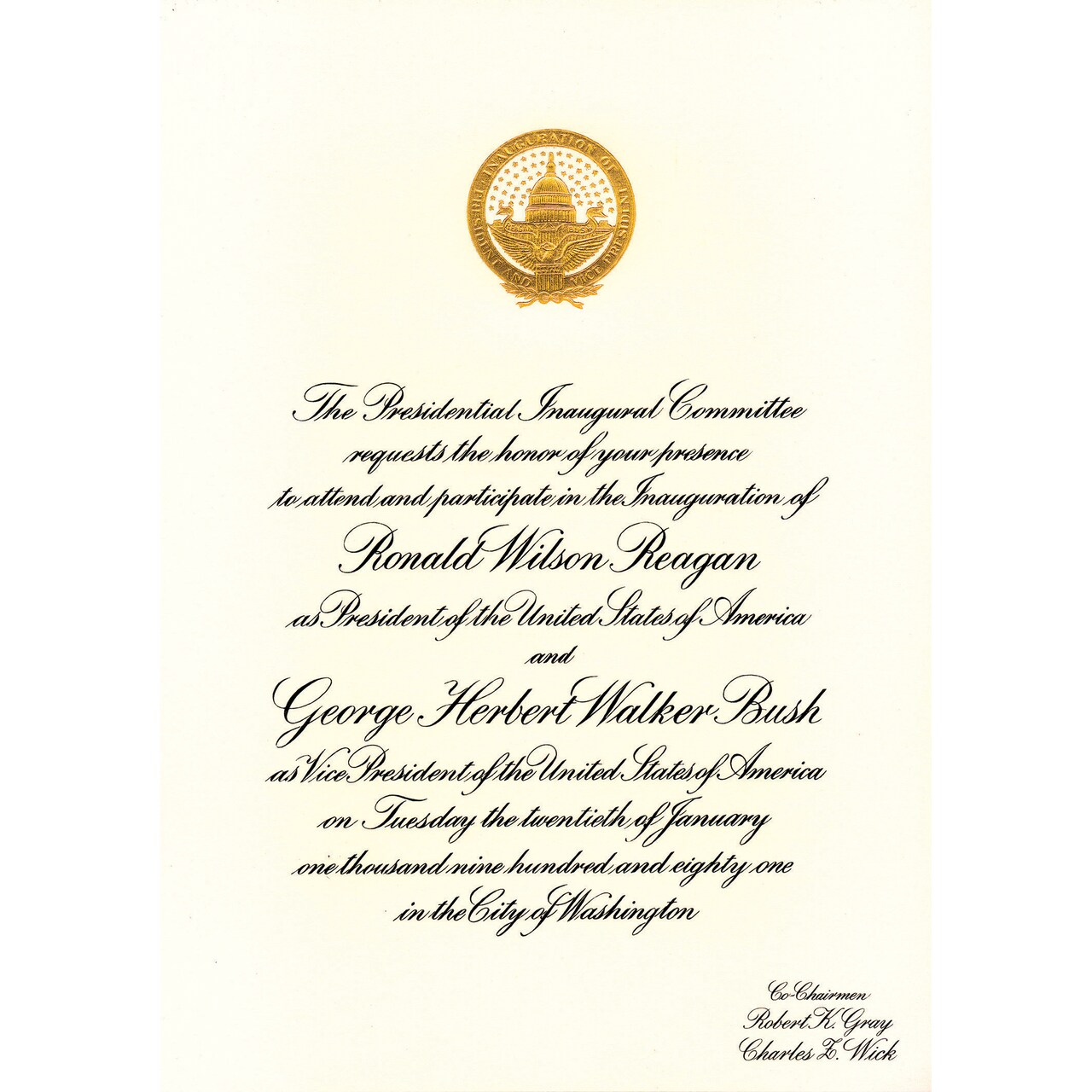 Official Ronald Reagan First Presidential Inauguration Invitation